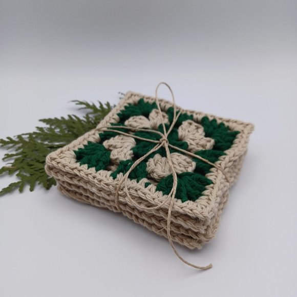 Handcrafted Cotton Coasters - Set of 4 - Hunter green and tan - Picture 1 of 3
